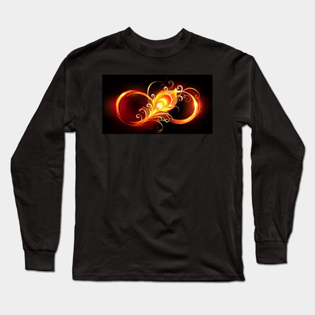 Fiery Infinity Symbol with Peacock Feather Long Sleeve T-Shirt by Blackmoon9